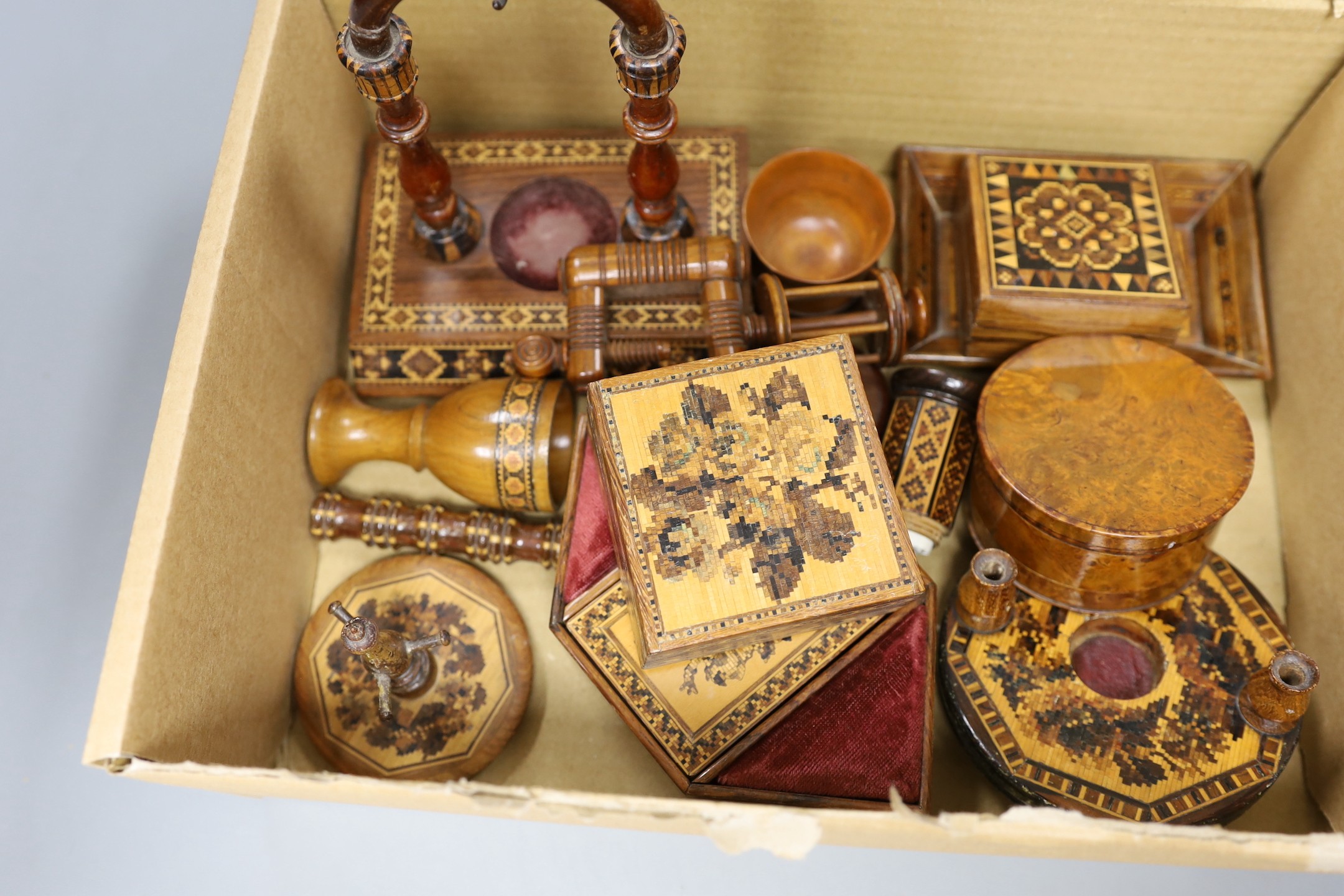 A collection of Tunbridge ware boxes, a watch stand, sewing related items, etc